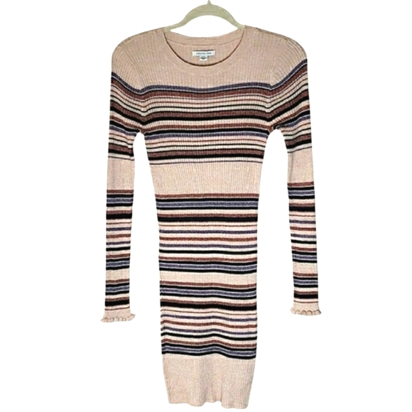 NWT American Eagle Bodycon Sweater Dress Cream Pink Striped Long Sleeve Y2K 90's - Picture 1 of 11